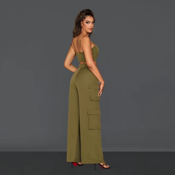 Elevated Street Style High Waist Cargo Pants + Corset Top Set Army Green Size L - Picture 3 of 4